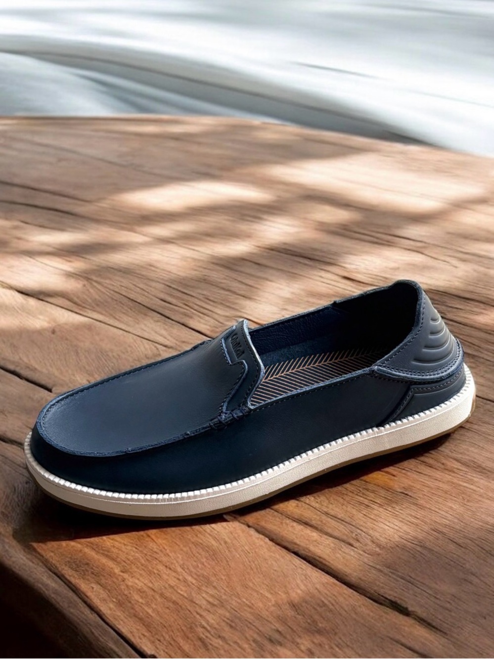 OluKai Kākaha Nia Men’s Navy Blue Leather Slip-On Shoes - Picture 6 of 16